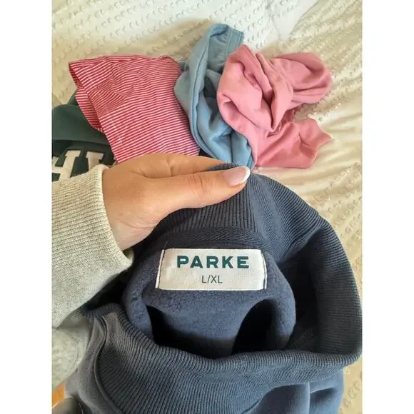 Parke Varsity Pullover Sweatshirt Blue Mockneck Lettering Patch - Picture 2 of 7